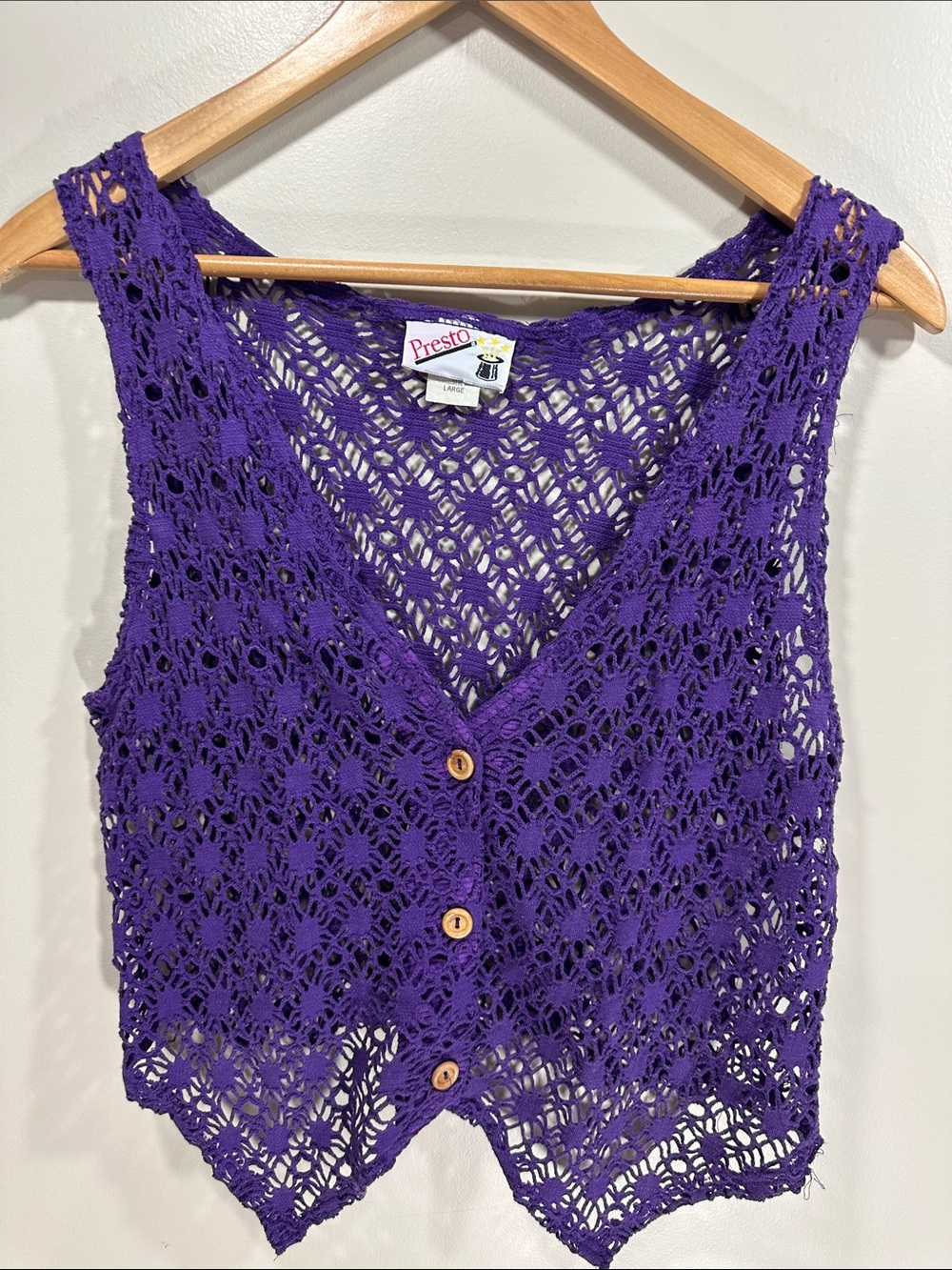 Vintage Presto Women's Purple Crochet Cotton Button-Front Vest Large